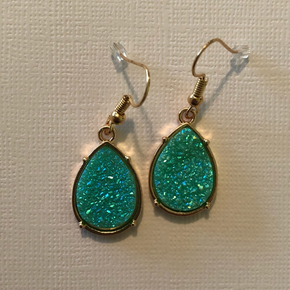 Gold and turquoise druzy gem teardrop earrings